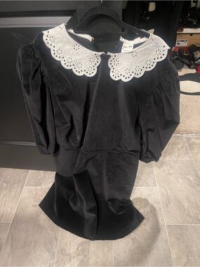 Joanie Black Velvet Dress with White Eyelet Peter Pan Collar
